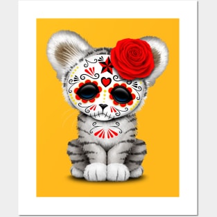 Red Day of the Dead Sugar Skull White Tiger Cub Posters and Art